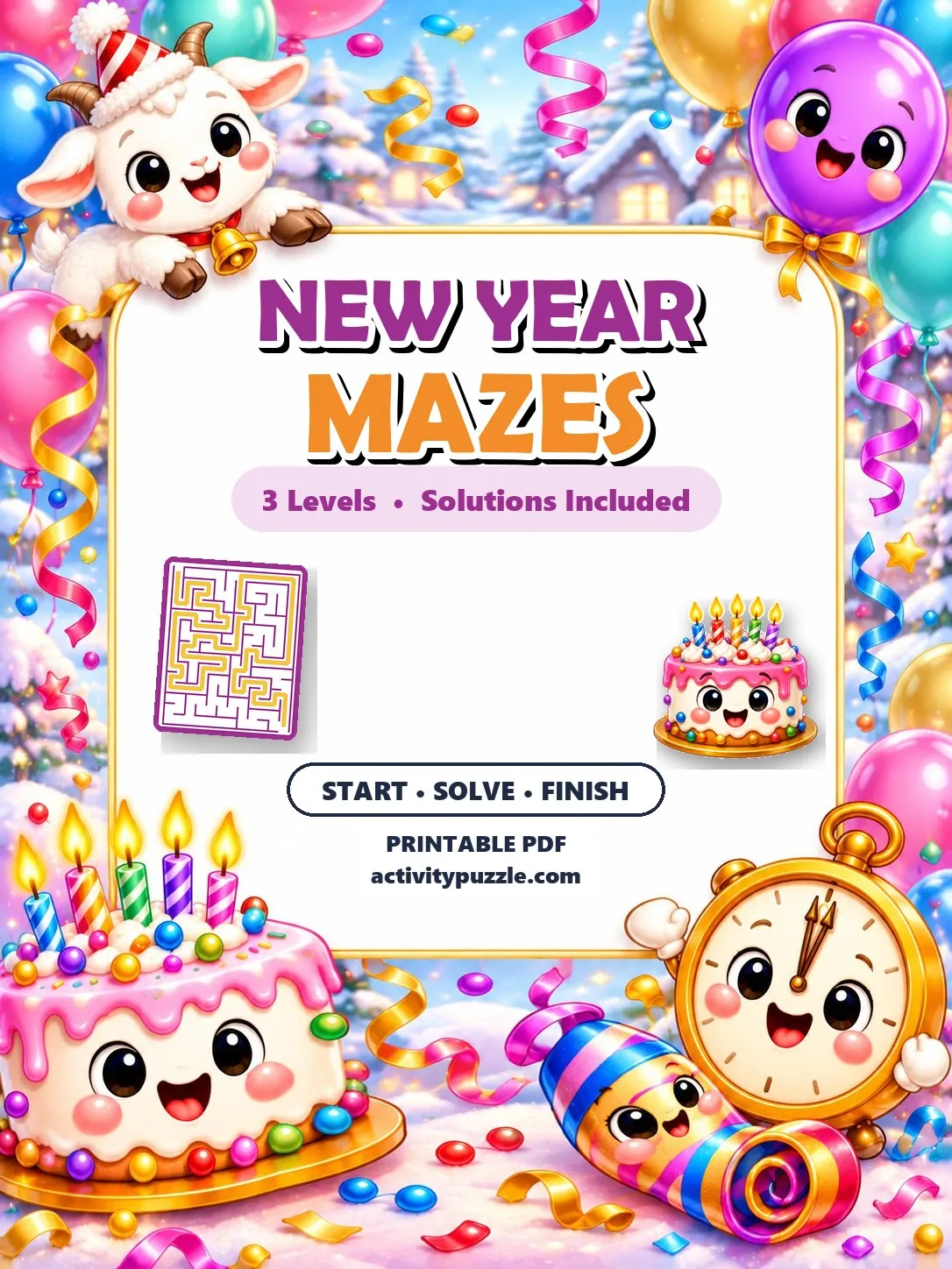 New Year Maze Puzzles (Grades 2-4) – printable PDF cover