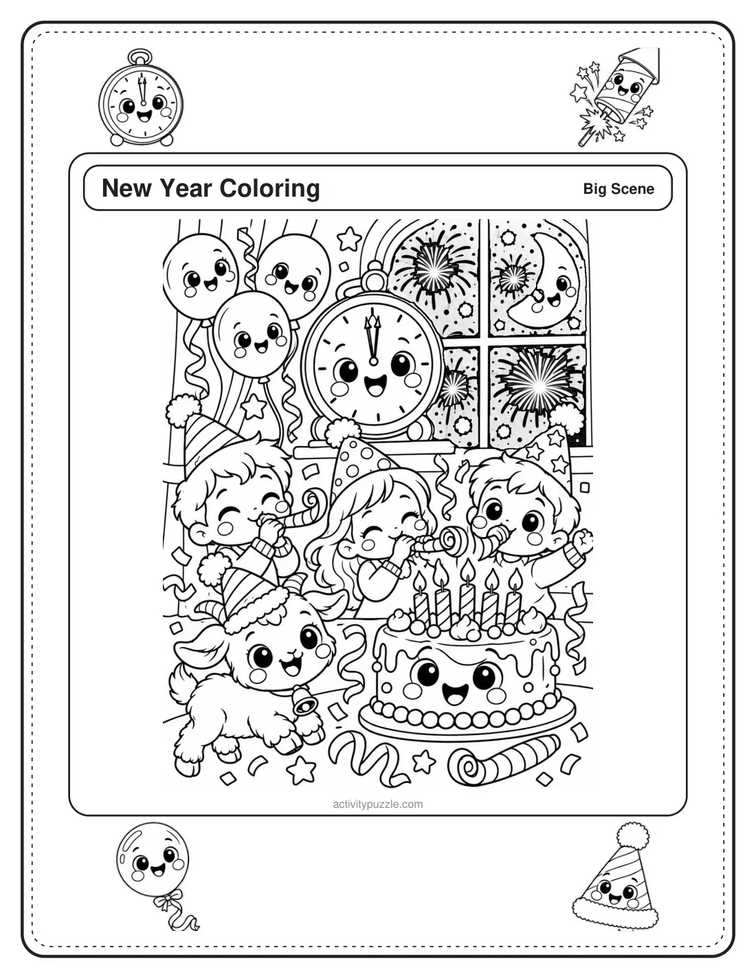 New Year Scene coloring page for kids: a full-page New Year party scene with a clock at midnight, balloons, a cake and fireworks