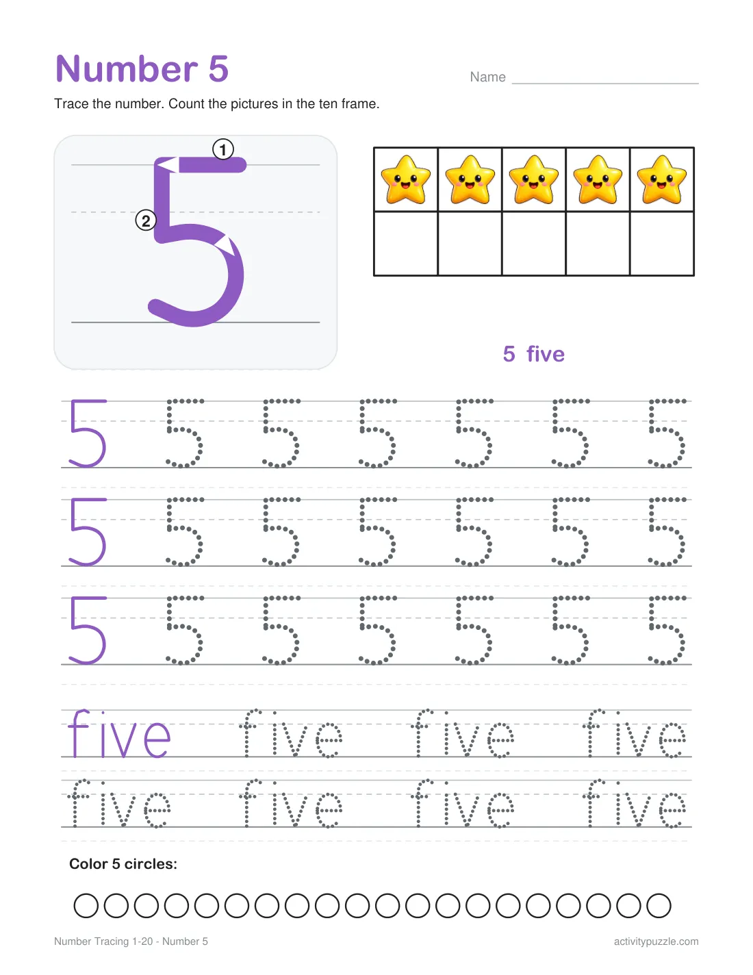 Number 5 tracing worksheet: a big number 5 with stroke arrows, a ten frame with five 3D stars, rows of dotted 5s and the word five