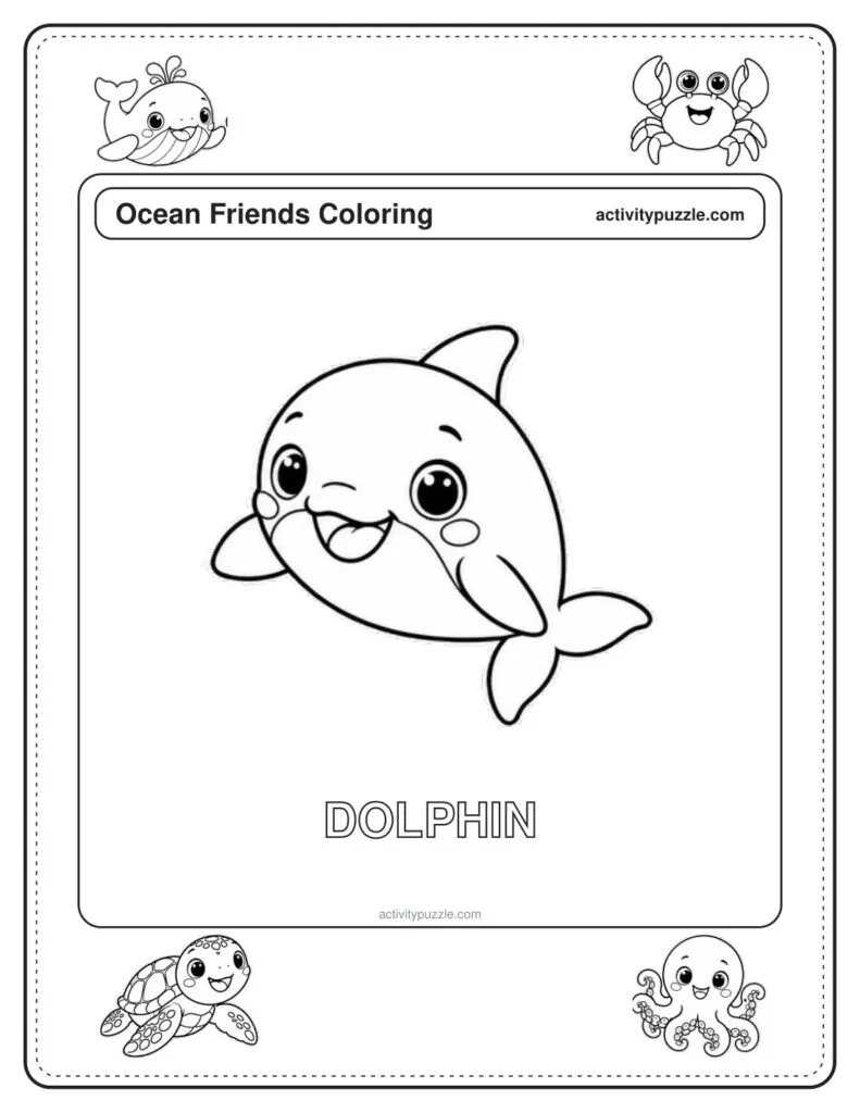 Dolphin coloring page for kids: a dolphin jumping, with a curved fin and a wink, with the word DOLPHIN in outline letters