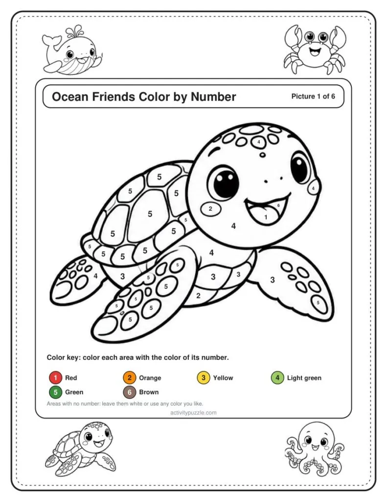 Ocean Friends Color by Number – numbered turtle page preview