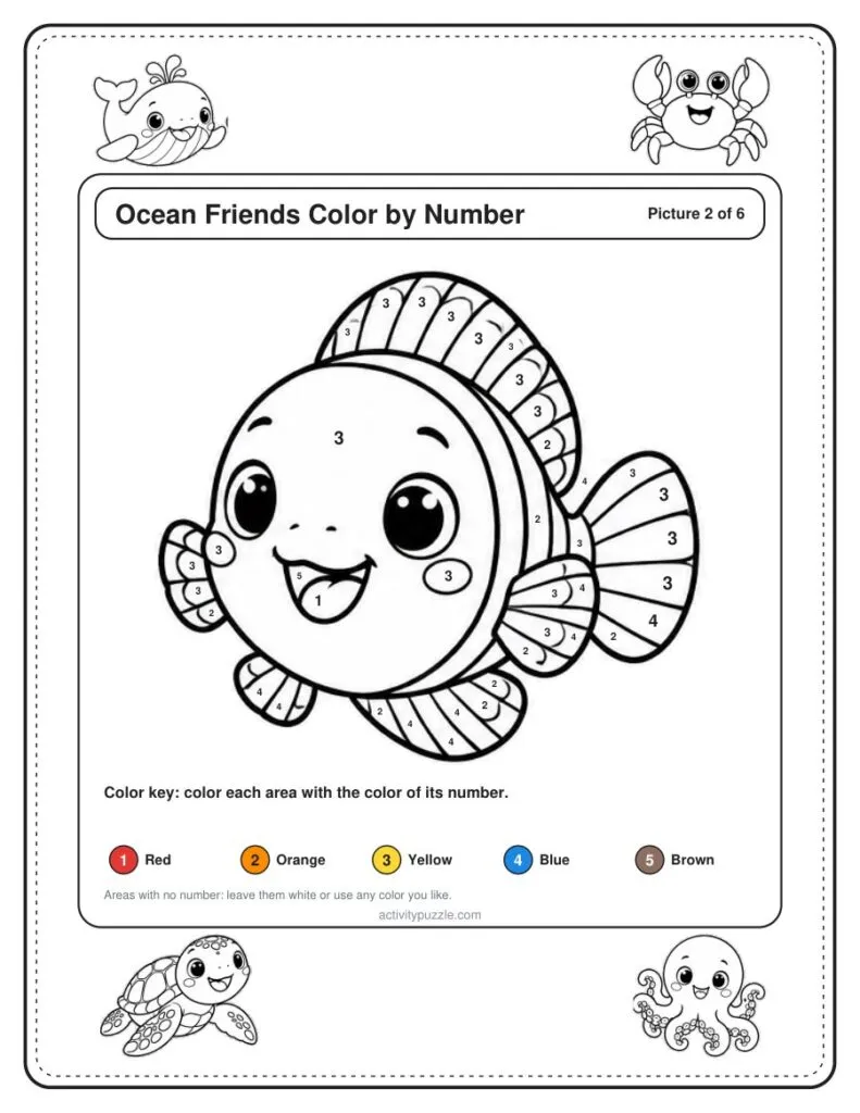 Ocean Friends Color by Number – numbered clownfish page preview