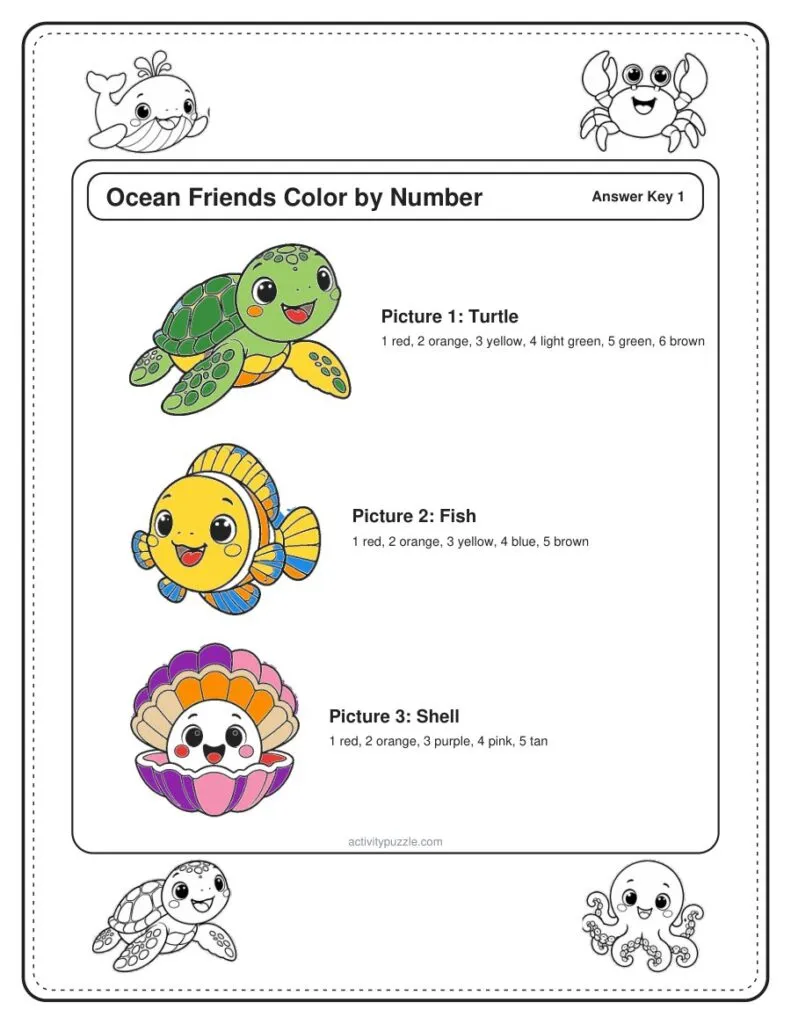 Ocean Friends Color by Number – colored answer key page preview
