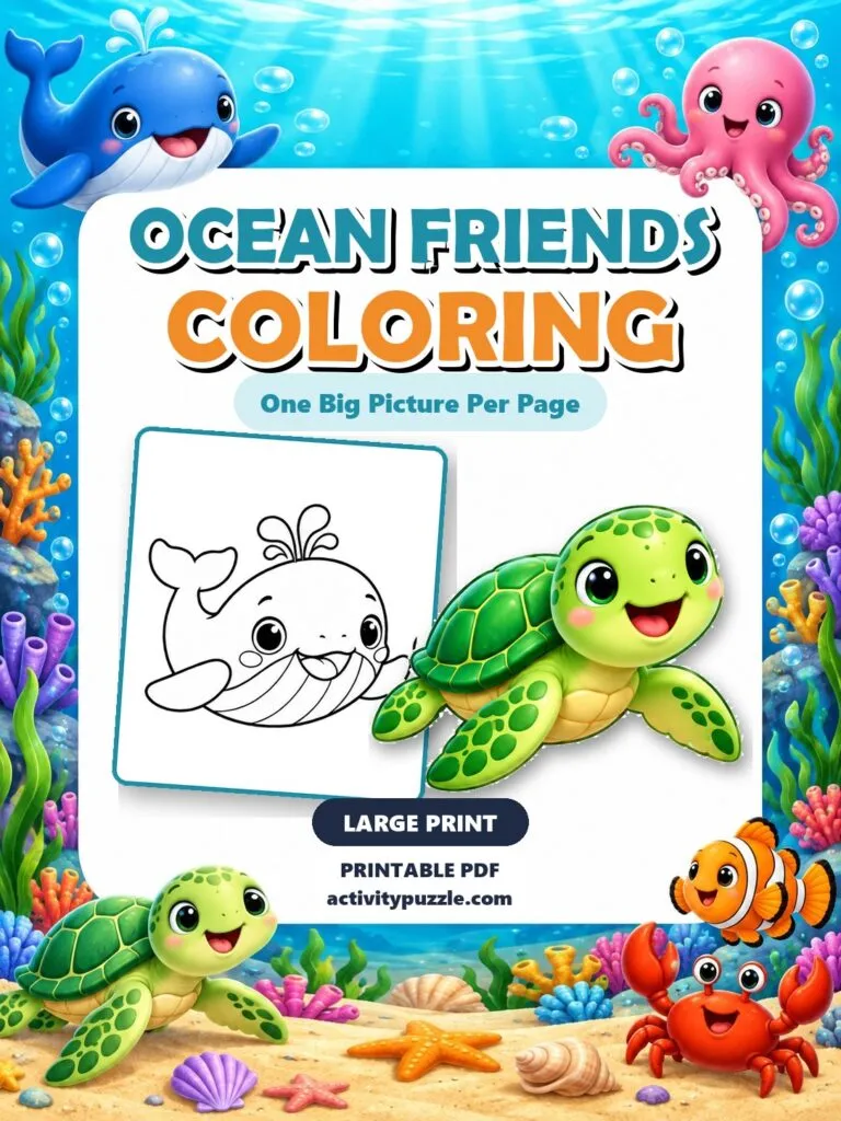 Ocean Friends Coloring Pages Large Print (Early Learners) – printable PDF cover