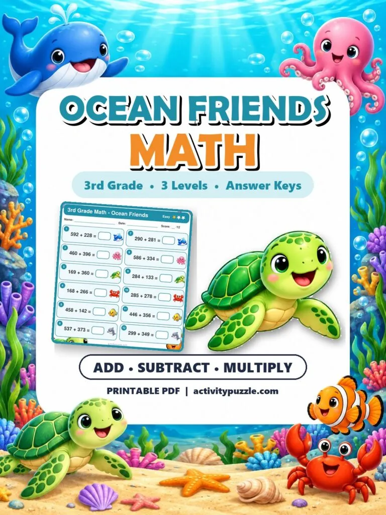 Ocean Friends Math Worksheets (3rd Grade) – printable PDF cover