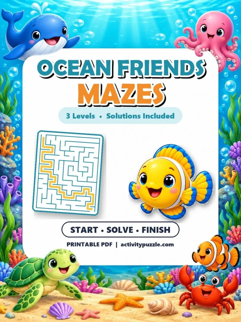 Ocean Friends Maze Puzzles (Grades 2-4) – printable PDF cover