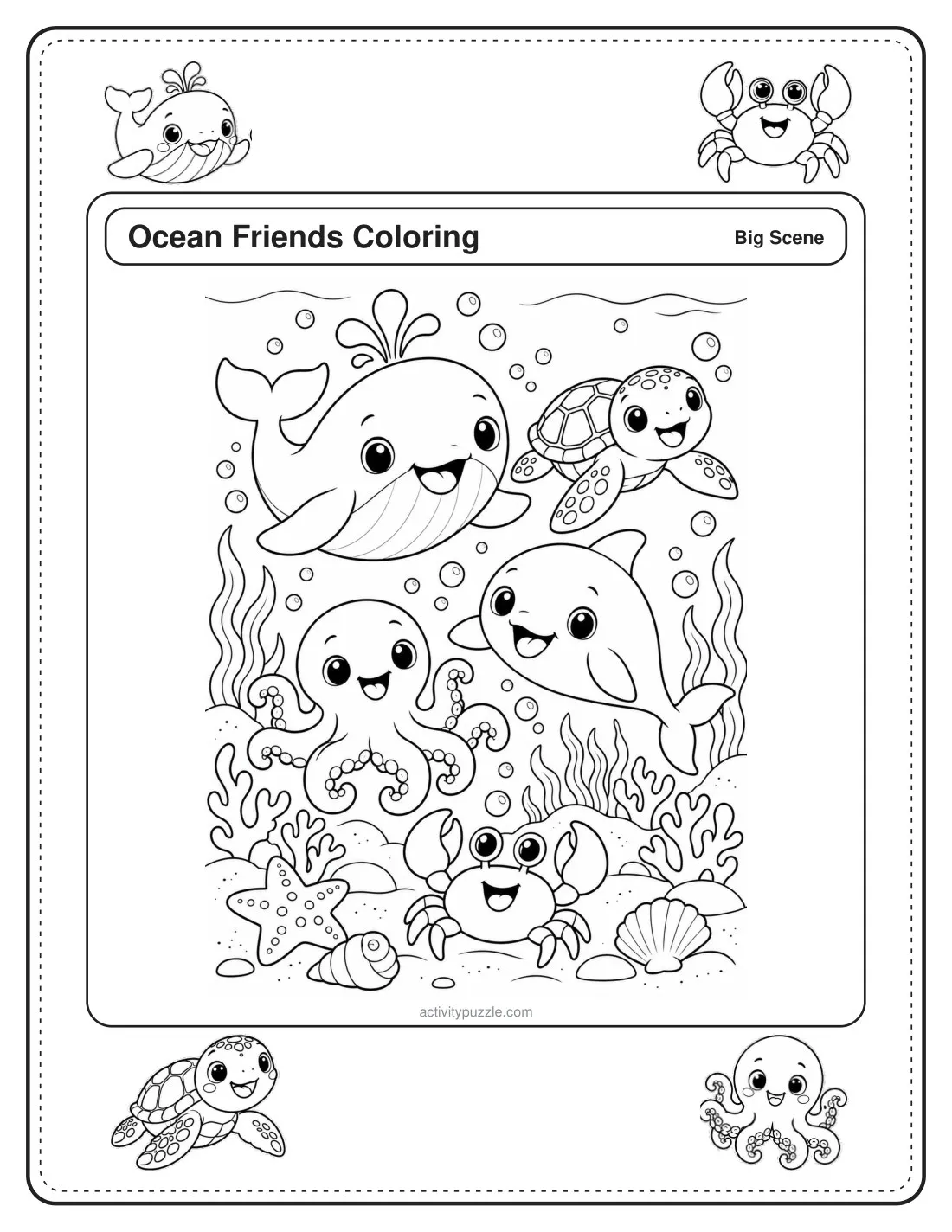 Ocean Scene coloring page for kids: a full-page underwater scene with a whale, a turtle, fish, a crab and seaweed