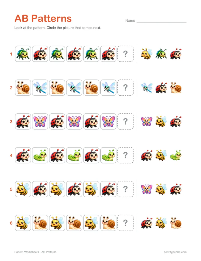 AB pattern worksheet: six rows of 3D bug pictures in a pattern with a question mark box and three pictures to circle