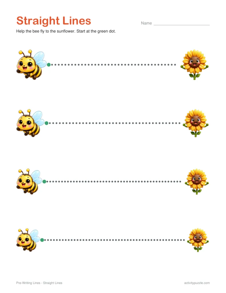 Straight lines tracing worksheet: four dotted lines that lead a 3D bee to a sunflower, each starting at a green dot