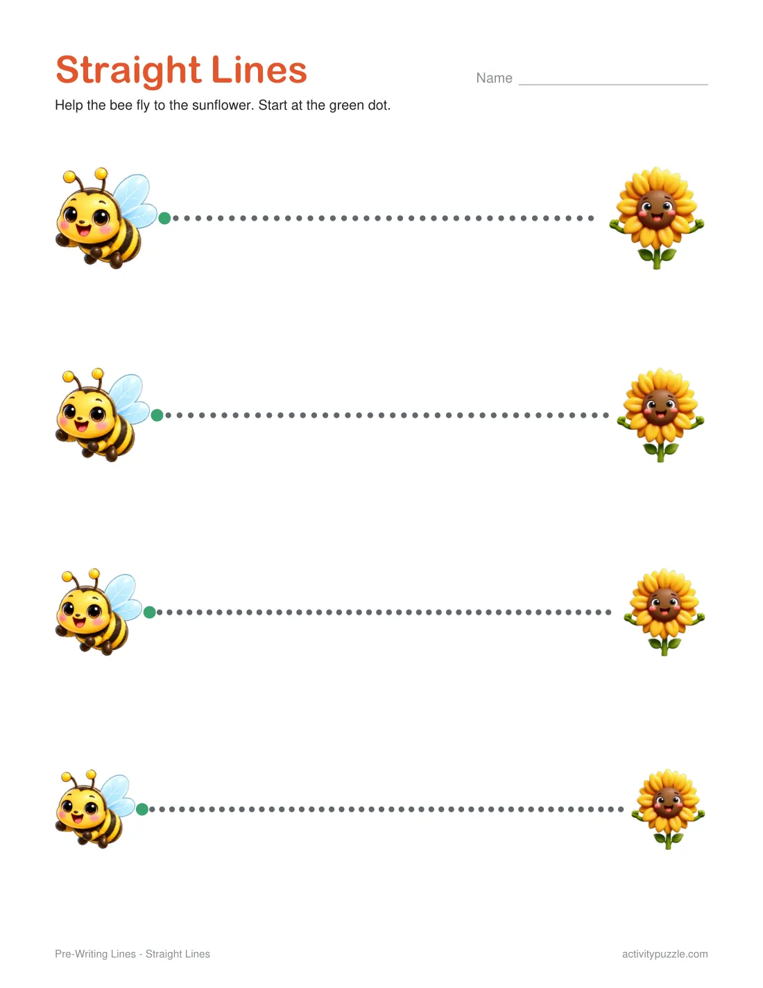 Straight lines tracing worksheet: four dotted lines that lead a 3D bee to a sunflower, each starting at a green dot