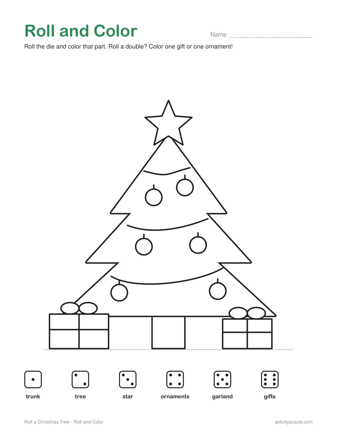 Roll a Christmas Tree roll and color page: a tree with a star, ornaments, garland and two gifts, and a dice key