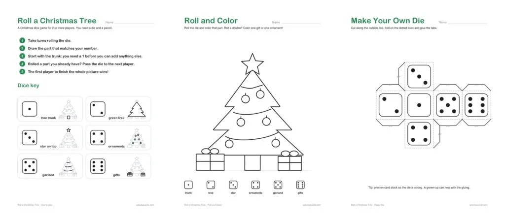 Preview of the Roll a Christmas Tree pages: the rules and dice key, the roll and color tree and the paper die