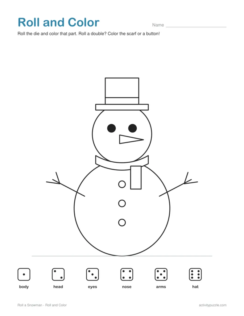Roll a Snowman roll and color page: a big snowman with a top hat, scarf and stick arms, and a dice key for each part