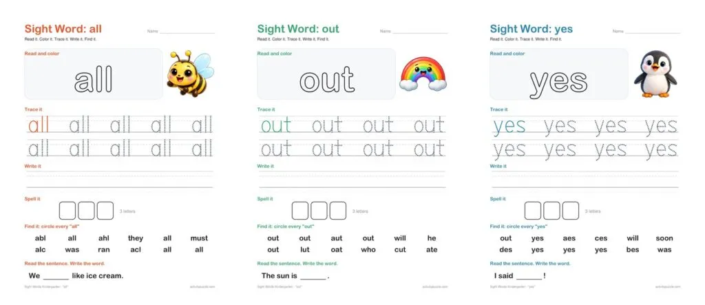 Preview of the kindergarten sight word pages for the words all, out and yes