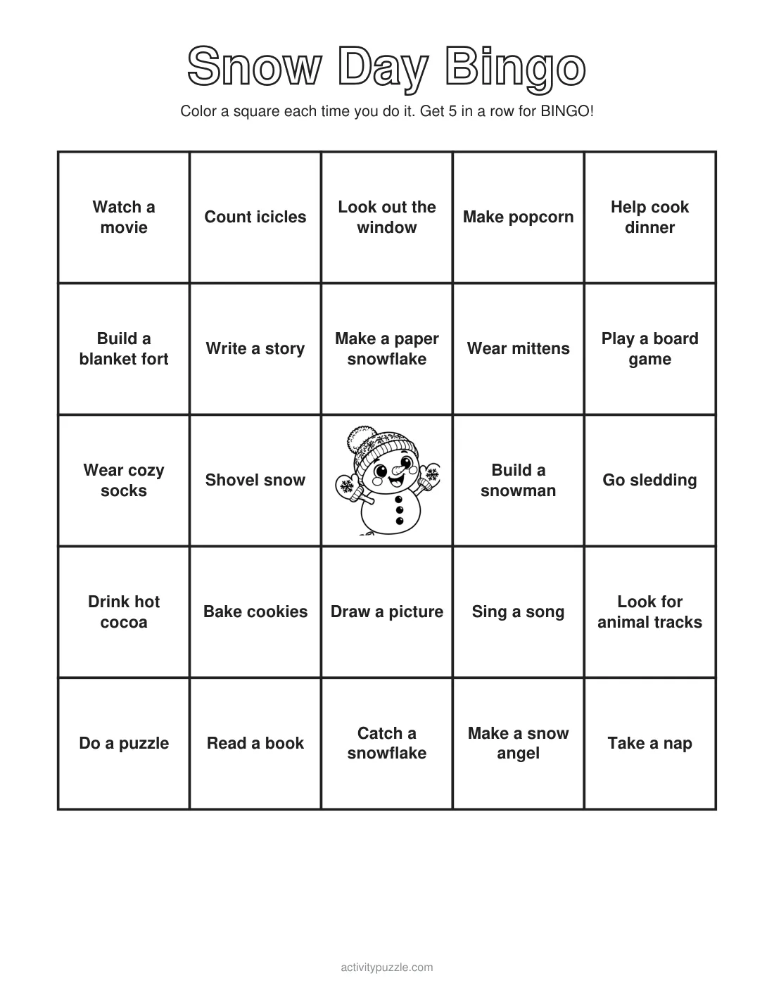 Snow day bingo card with 24 cozy winter activities and a snowman in the middle