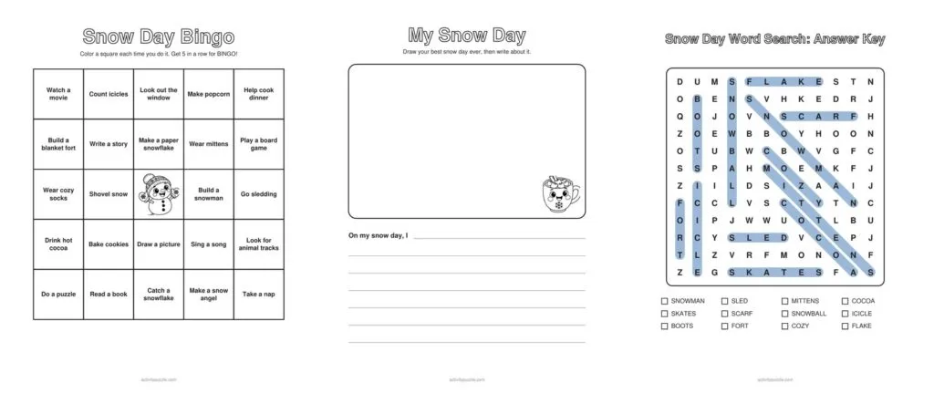 Preview of the snow day pages: a second bingo card, build a snowman and the would you rather cards