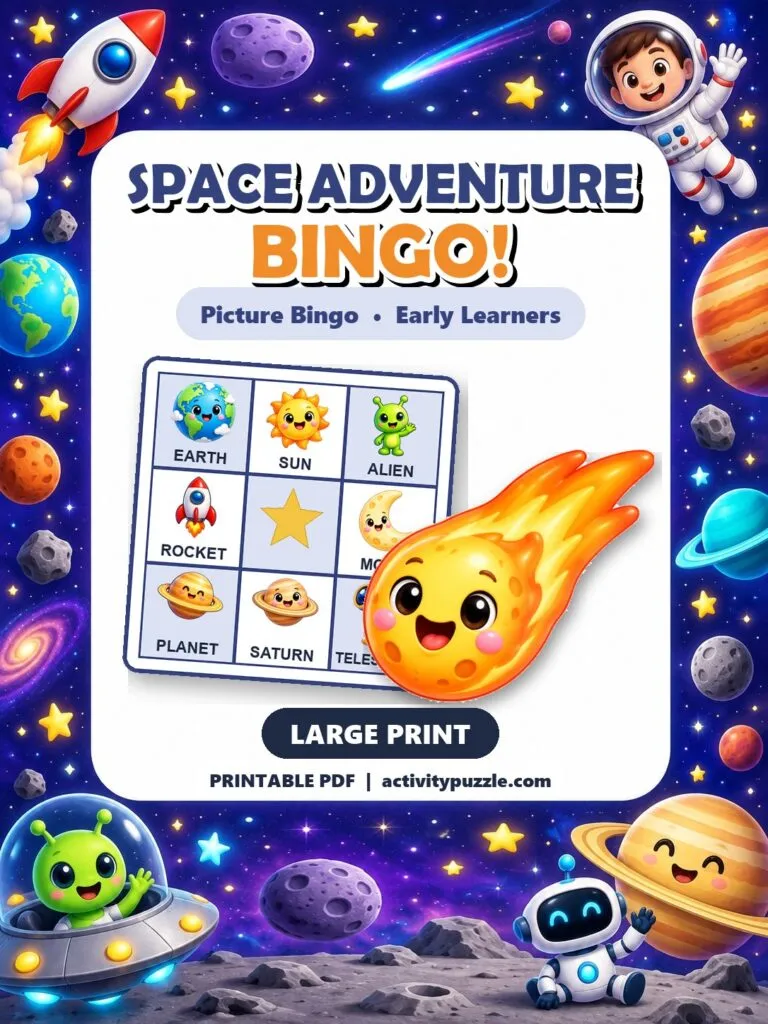 Space Adventure Picture Bingo Large Print (Early Learners) – printable PDF cover