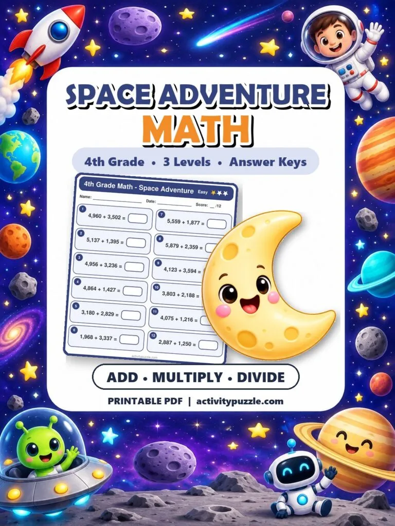 Space Adventure Math Worksheets (4th Grade) – printable PDF cover