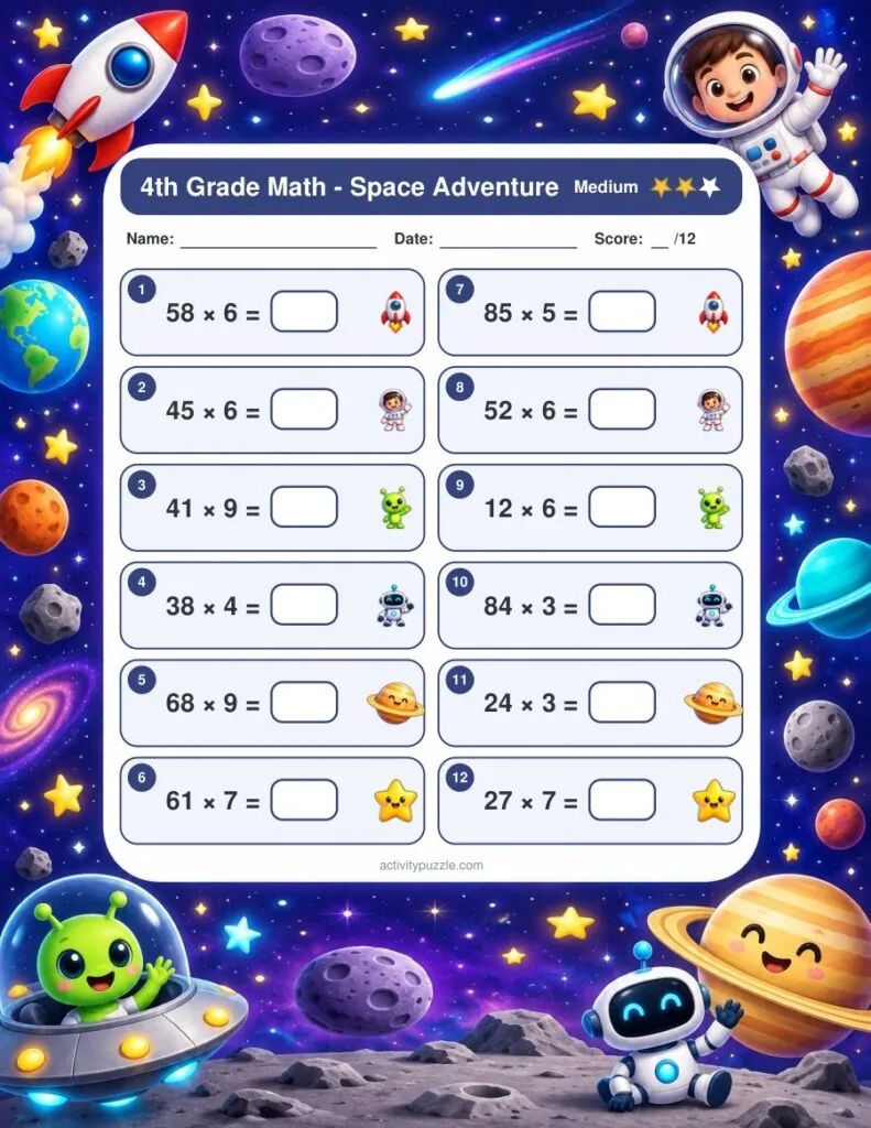 Space Adventure Math Worksheets (4th Grade) – Medium page preview