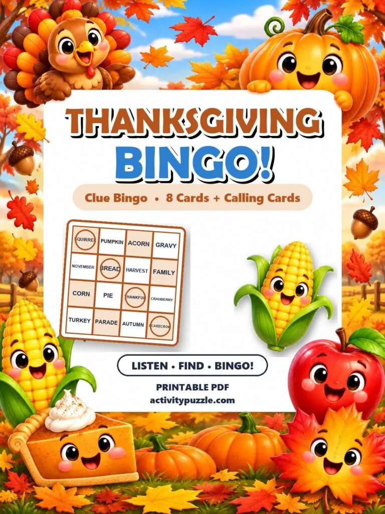 Thanksgiving Clue Bingo (Grades 2-4) – printable PDF cover