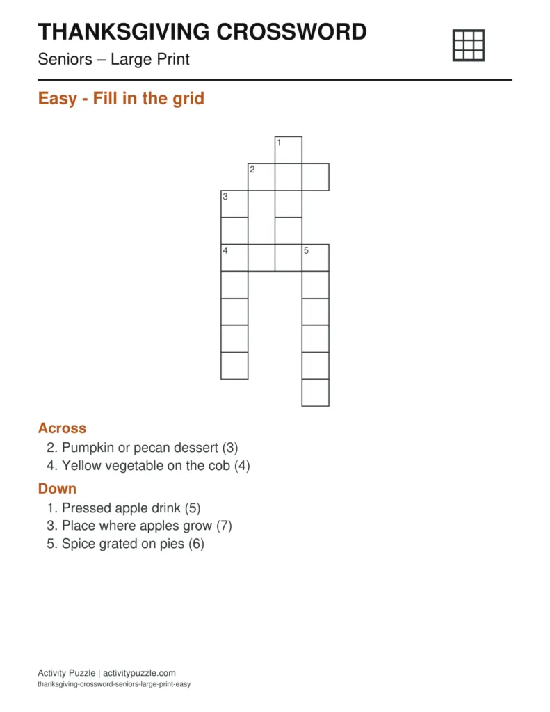 Thanksgiving Crossword Puzzles Large Print for Seniors – printable PDF cover