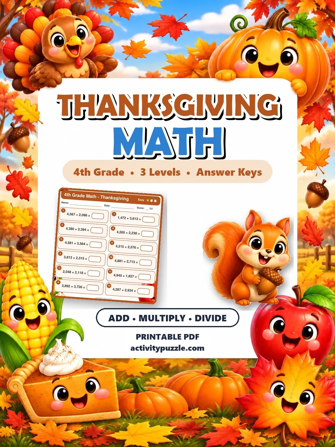 Thanksgiving Math Worksheets (4th Grade) – printable PDF cover