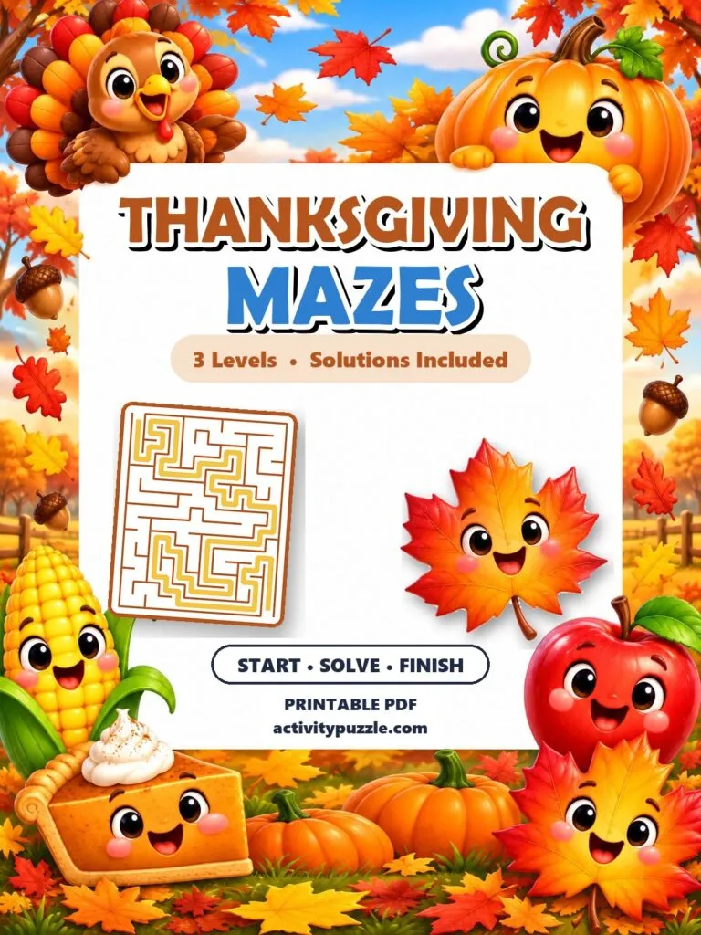 Thanksgiving Maze Puzzles (Grades 2-4) – printable PDF cover