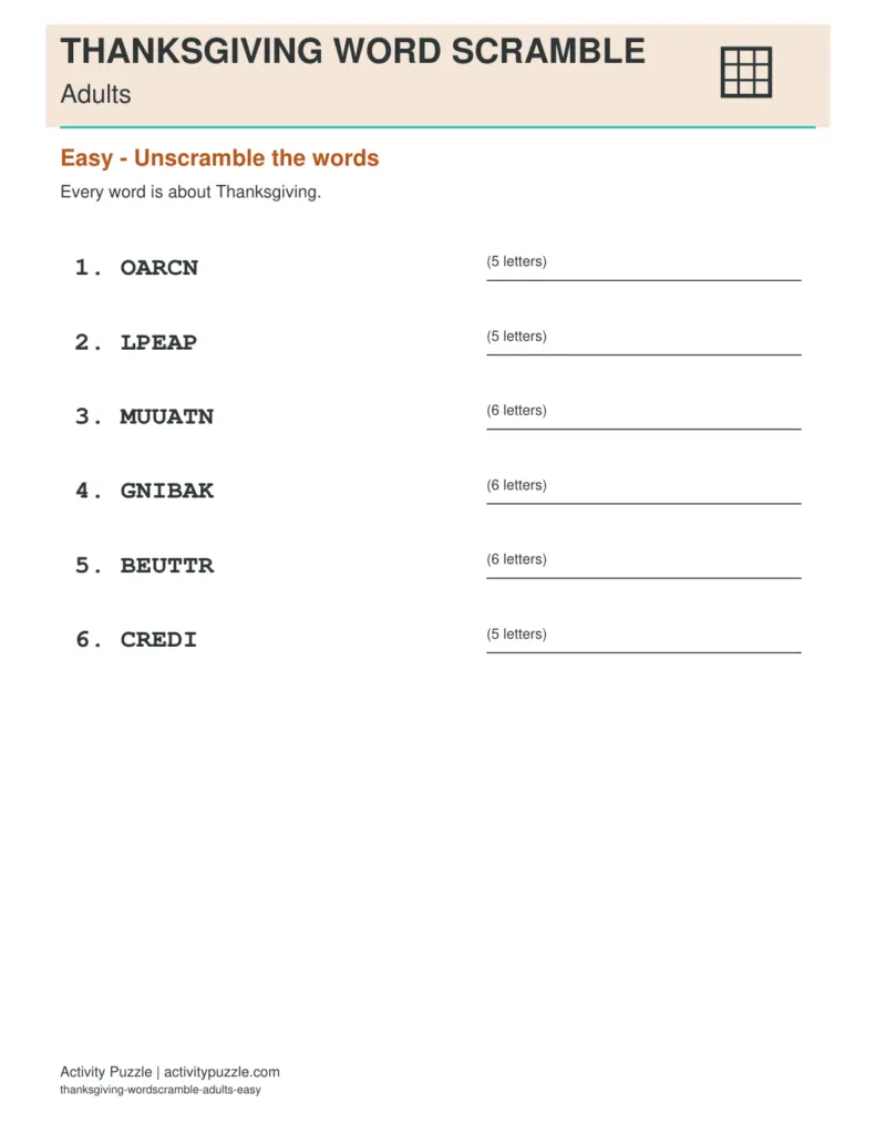 Thanksgiving Word Scramble for Adults – printable PDF cover