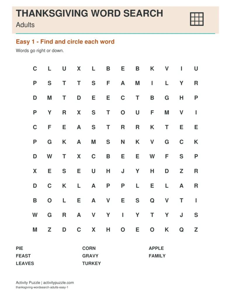 Thanksgiving Word Search for Adults – printable PDF cover