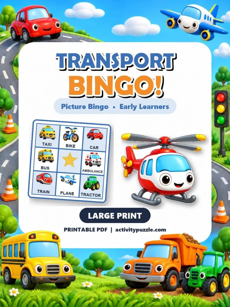 Transport Picture Bingo Large Print (Early Learners) – printable PDF cover