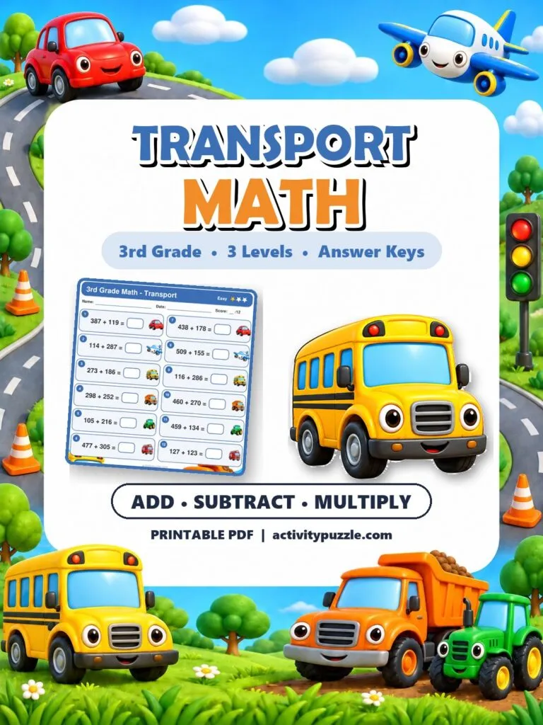 Transport Math Worksheets (3rd Grade) – printable PDF cover