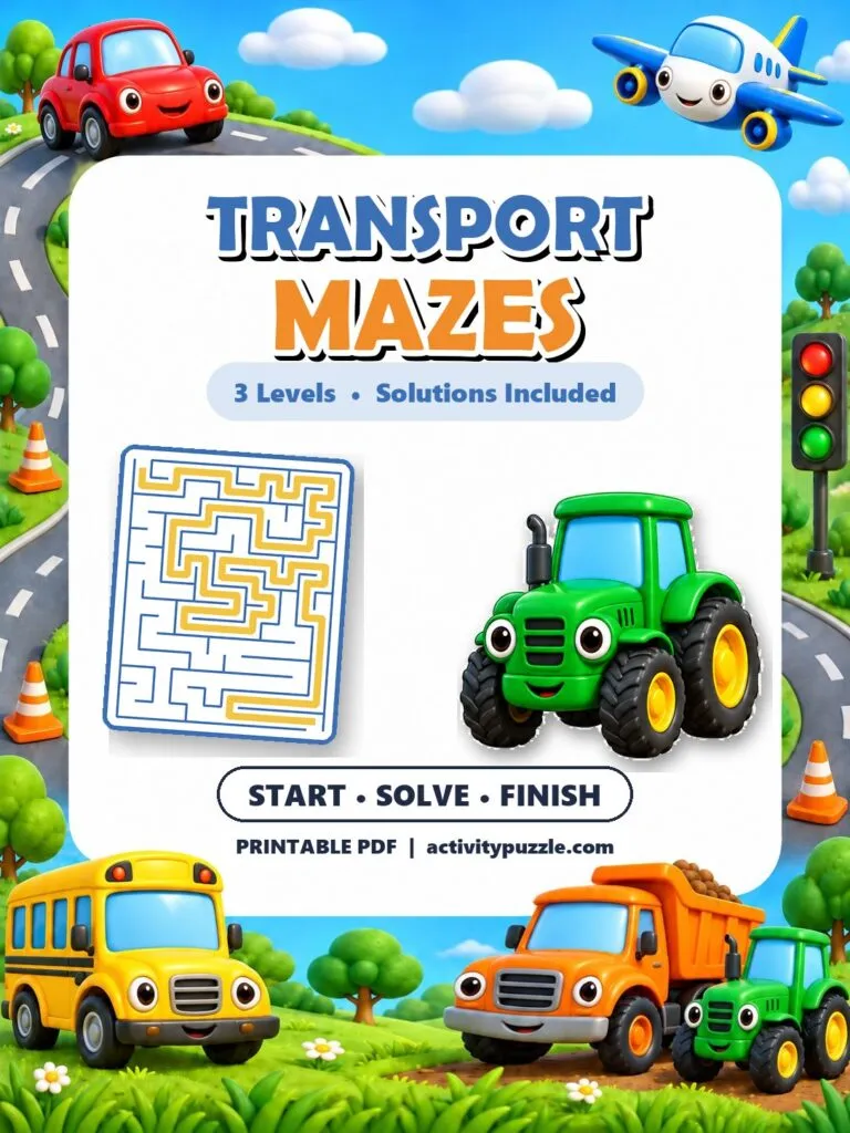 Transport Maze Puzzles (Grades 2-4) – printable PDF cover