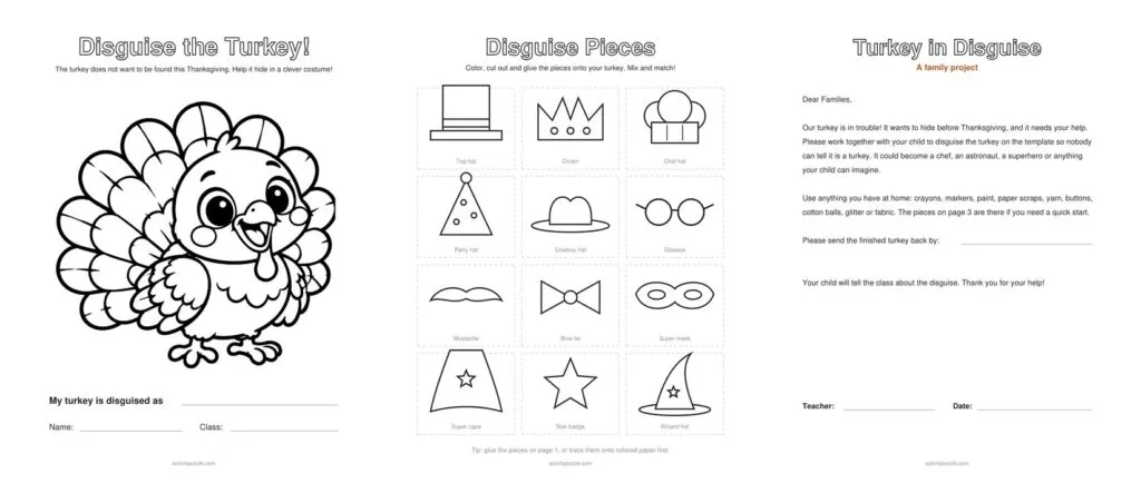Preview of the Turkey in Disguise pages: the turkey template, the scene page and the cut-out disguise pieces