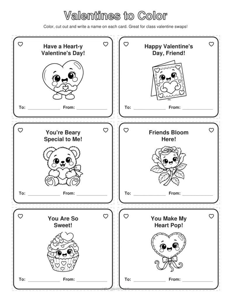 Six valentine cards to color with a heart, a card, a teddy, a rose, a cupcake and a balloon, each with To and From lines