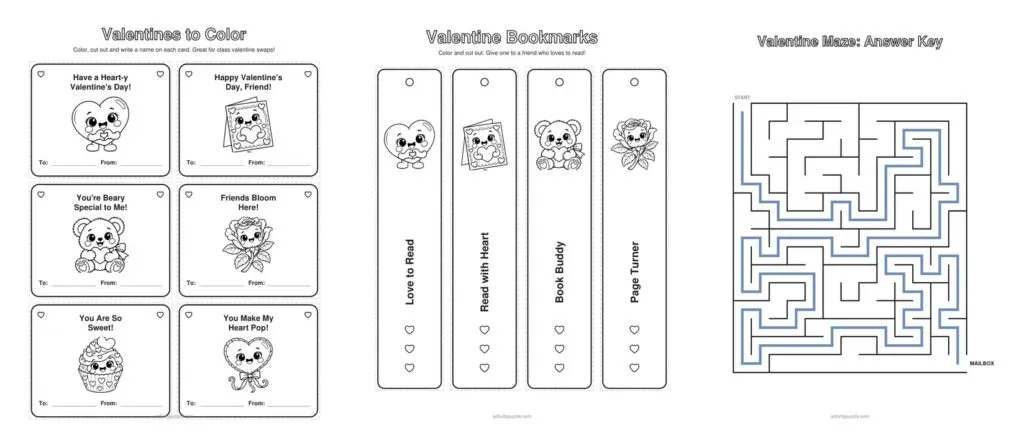 Preview of the valentine pages: more cards to color, the pop-up heart card and the fortune teller