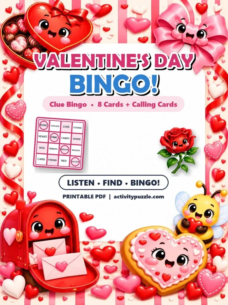 Valentine’s Day Clue Bingo (Grades 2-4) – printable PDF cover