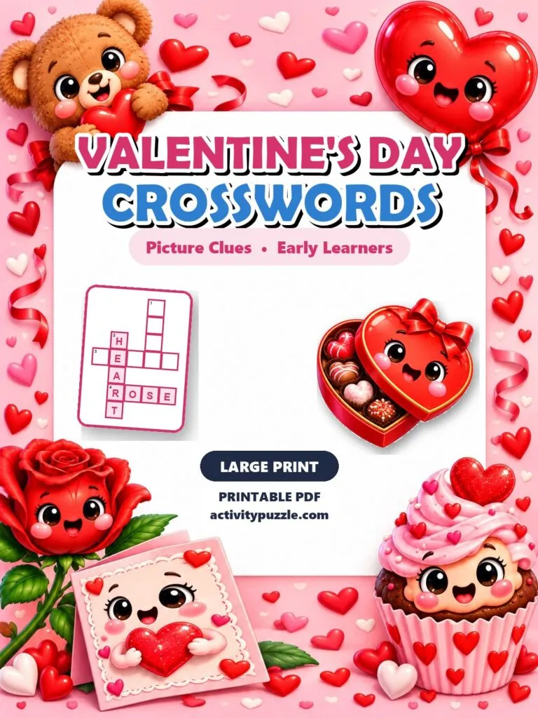 Valentine’s Day Picture Crosswords Large Print (Early Learners) – printable PDF cover