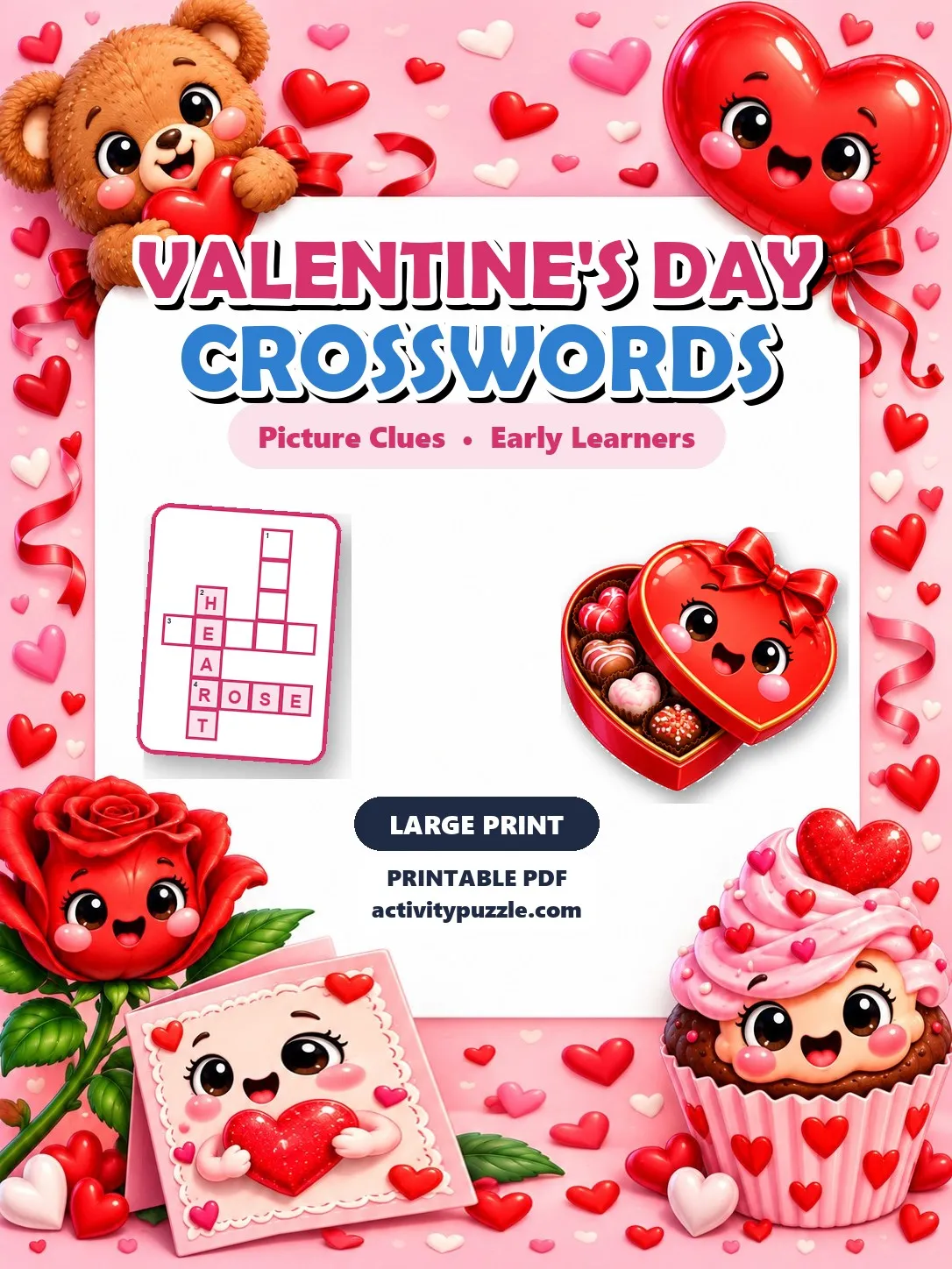 Valentine’s Day Picture Crosswords Large Print (Early Learners) – printable PDF cover