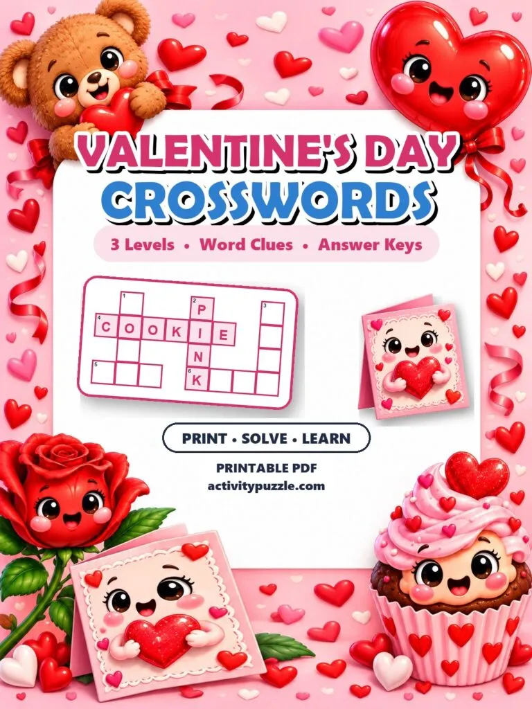 Valentine’s Day Crossword Puzzles (Grades 2-4) – printable PDF cover