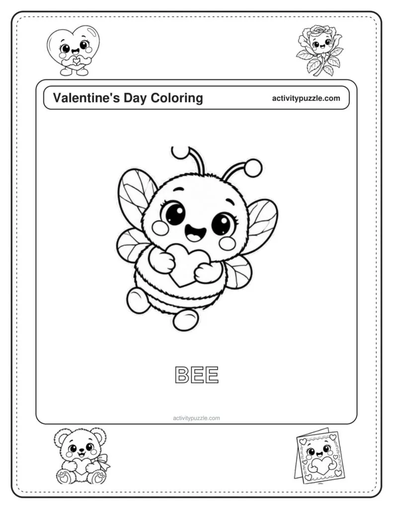 Love Bug Bee coloring page for kids: a little bee holding a heart, with the word BEE in outline letters