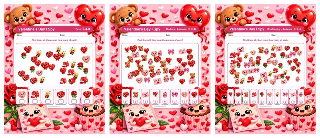 Valentine’s Day I Spy Count and Find (Grades 2-4) – preview of the pages inside