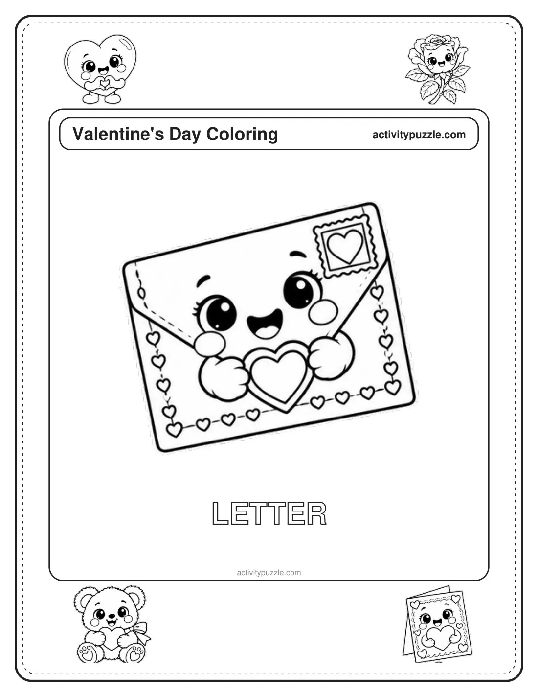 Love Letter coloring page for kids: an envelope with a heart seal and a smiling face, with the word LETTER in outline letters