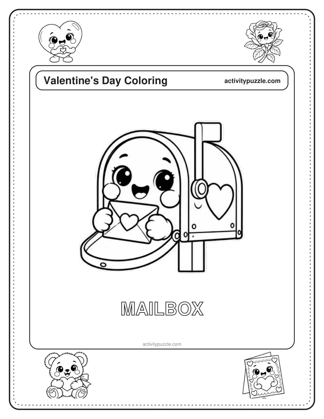 Mailbox coloring page for kids: a mailbox with a heart on the side and letters inside, with the word MAILBOX in outline letters