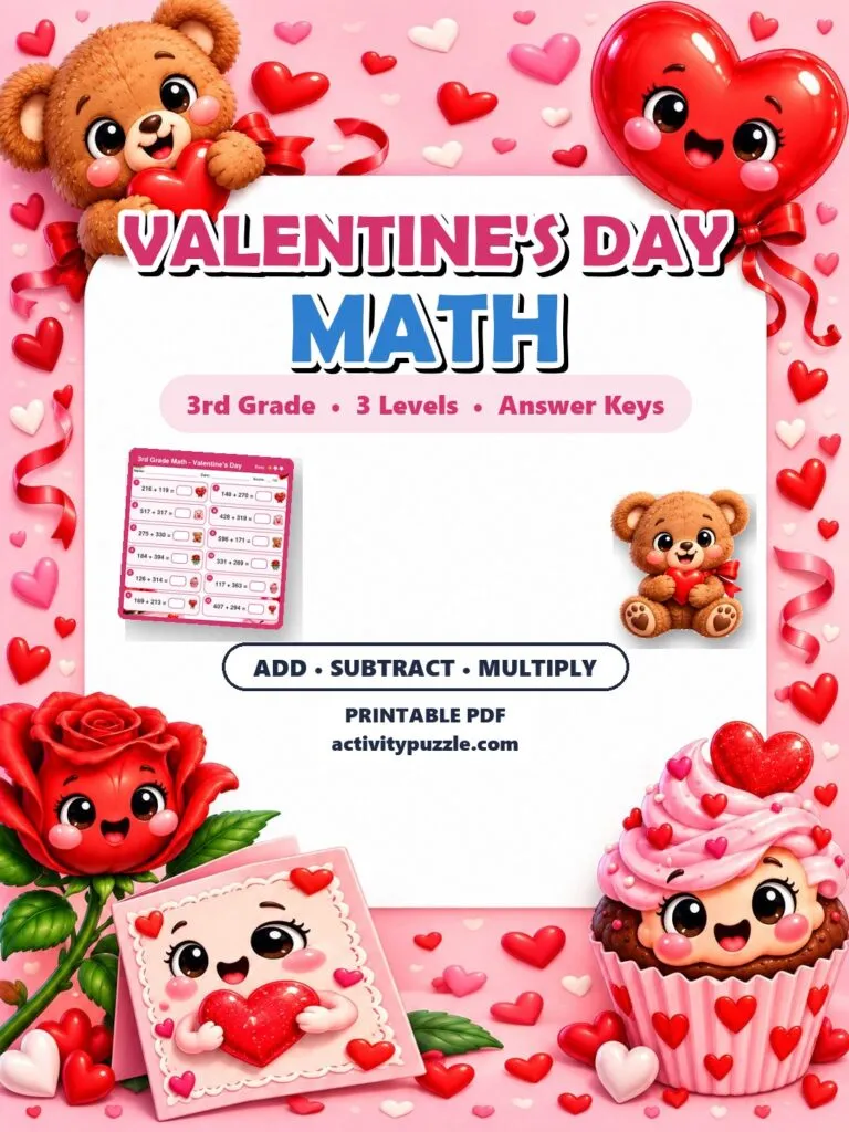 Valentine’s Day Math Worksheets (3rd Grade) – printable PDF cover