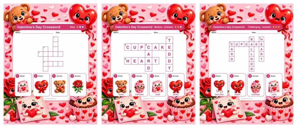 Valentine’s Day Picture Crosswords Large Print (Early Learners) – preview of the pages inside