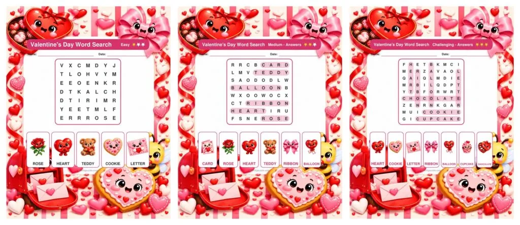 Valentine’s Day Picture Word Search Large Print (Early Learners) – preview of the pages inside