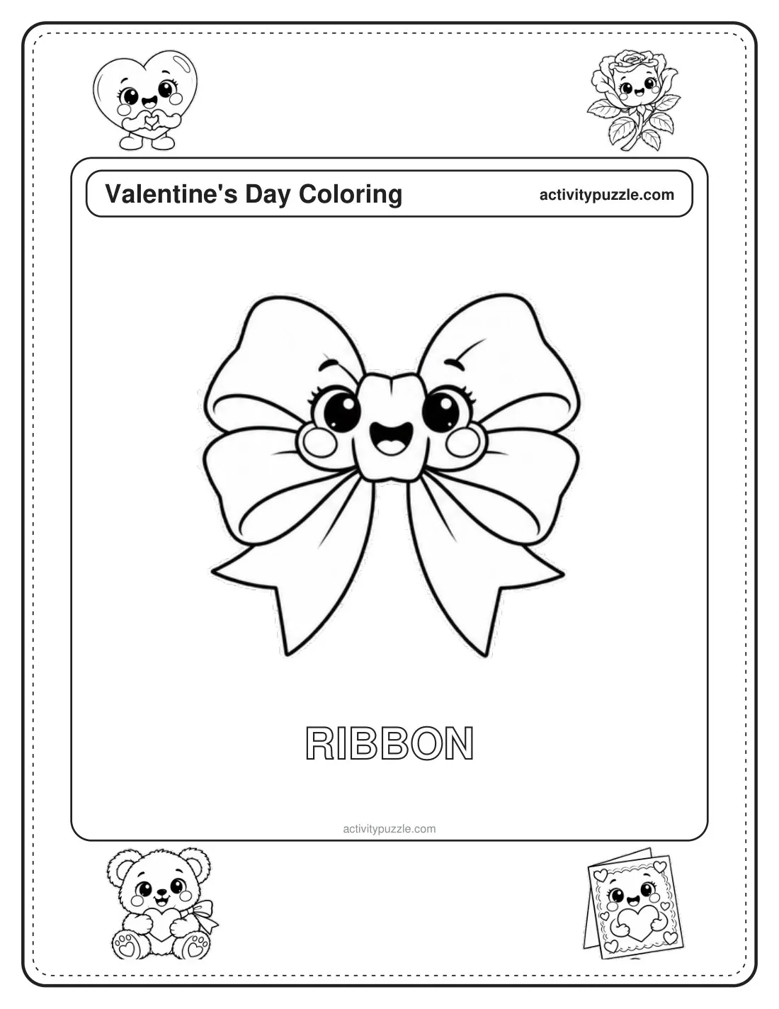 Bow coloring page for kids: a big bow with long ribbons and a happy face, with the word RIBBON in outline letters