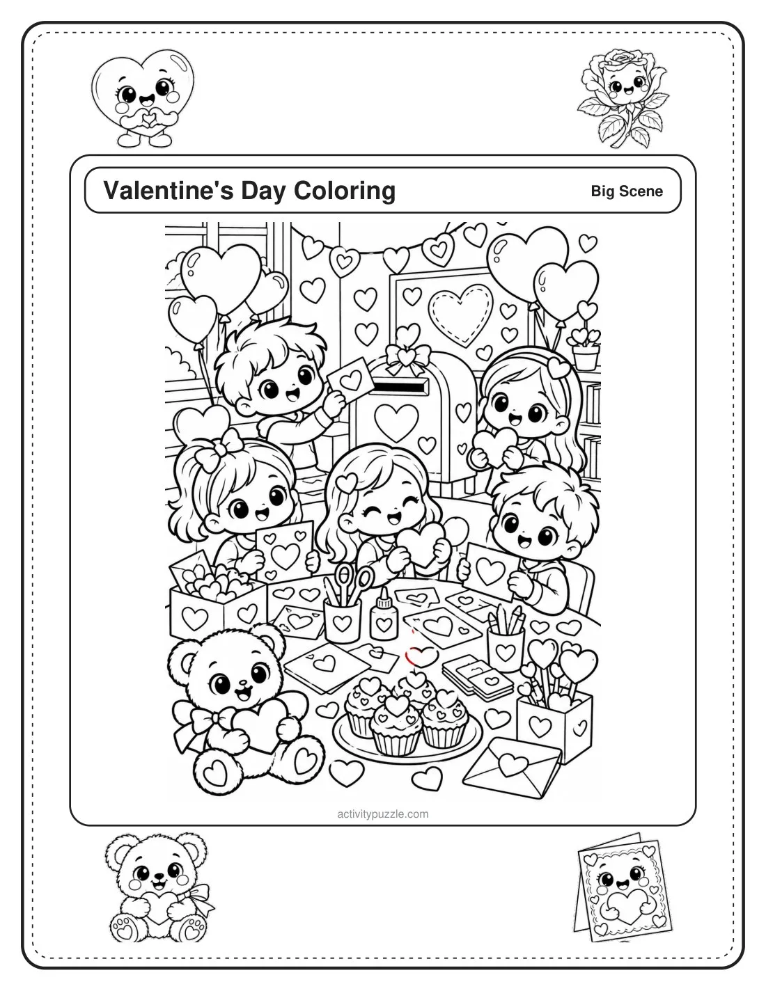 Valentine's Day Scene coloring page for kids: a full-page scene packed with hearts, teddy bears, cupcakes and friends sharing cards