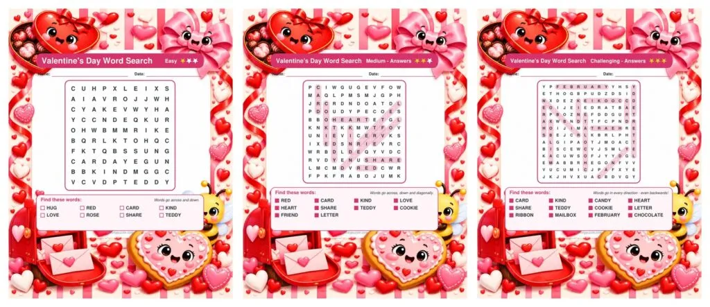 Valentine’s Day Word Search Puzzles (Grades 2-4) – preview of the pages inside