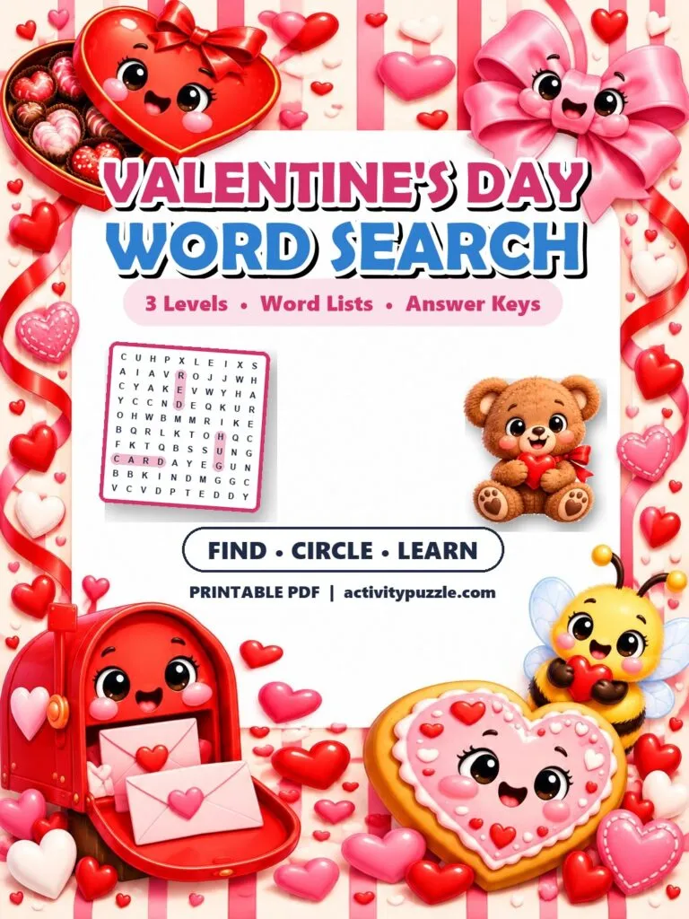 Valentine’s Day Word Search Puzzles (Grades 2-4) – printable PDF cover